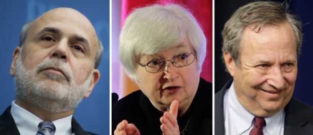 Zľava Bernanke, Yellenová, Summers