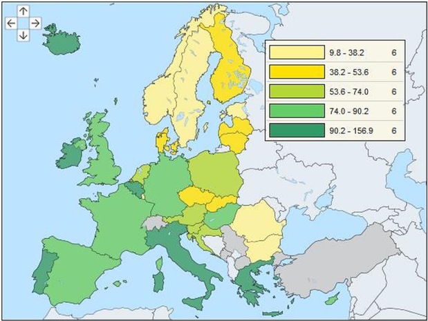 Štátny dlh jenotlivých krajín v % HDP (zdroj: Eurostat 2012)