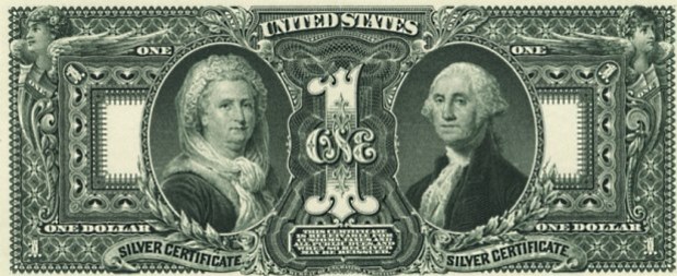 Na jednodolárovke z roku 1896-1901 sú na zadnej strane hlavným vizuálnym prvkom portréty George a Martha Washingtoných. 